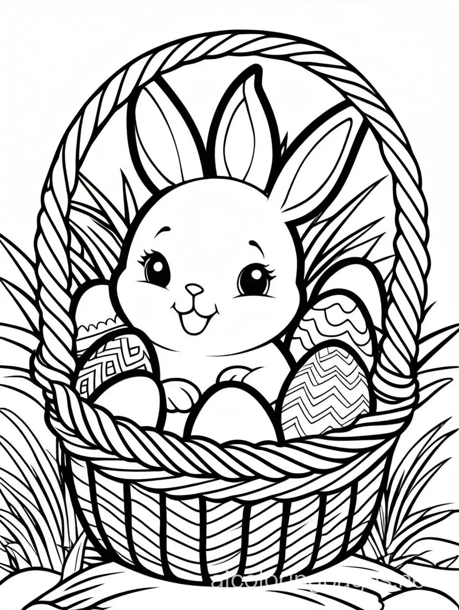 Easter eggs in a basket with a bunny , Coloring Page, black and white, line art, white background, Simplicity, Ample White Space. The background of the coloring page is plain white to make it easy for young children to color within the lines. The outlines of all the subjects are easy to distinguish, making it simple for kids to color without too much difficulty