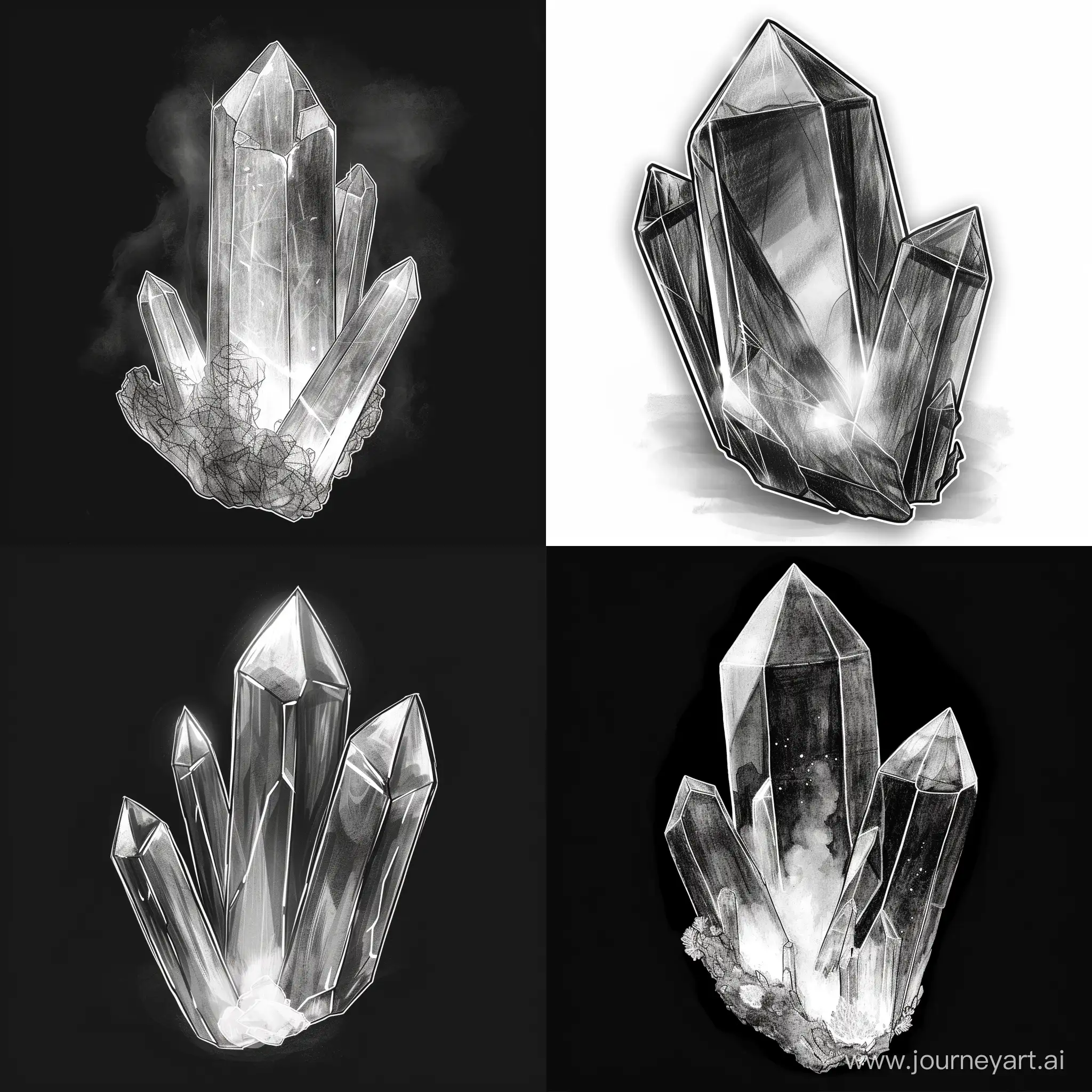 Black-white sketch of semitransparent crystal with light glow fog in inside