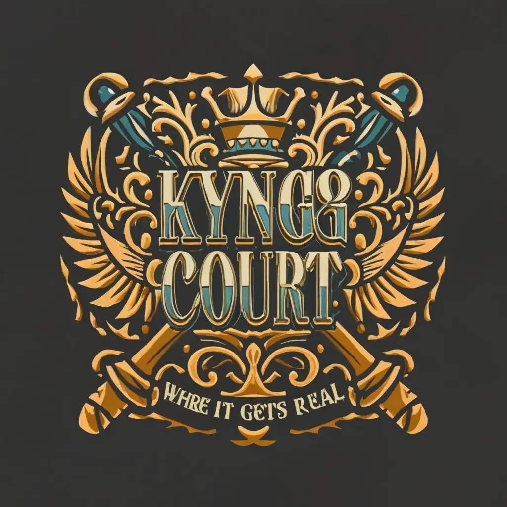 a logo design, with the text Kyng Zs Court 'Where It Gets Real', main symbol: They main symbol a throne, crown and staff, complex, clear background