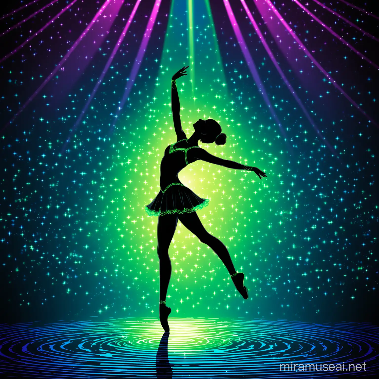 sillouette of a ballerina dancing
appreance-female/ beautiful/ full body/ neon green toto with noir blue sparkles (with ripples and waves) / leg out with arms overhead touching/
background- stage/ noir brown-red empty threater/ 