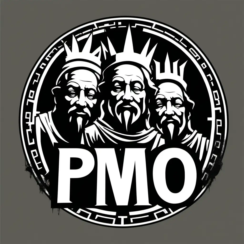 Black and white Stencil of gods holding a sign that reads PMO, logo, in the style of Banksy, minimalist, evil, dark, simplicity, vector art, isolated on black background -v 5