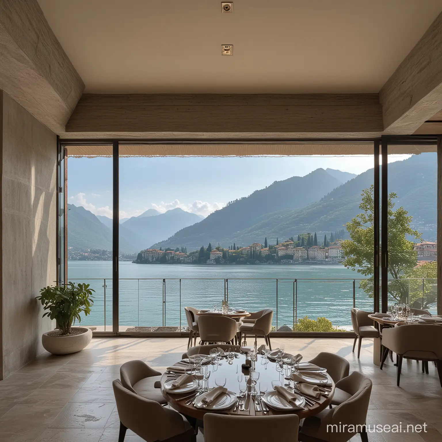 zen luxury restaurant  with an indoor  fountain with view on the lake como 
