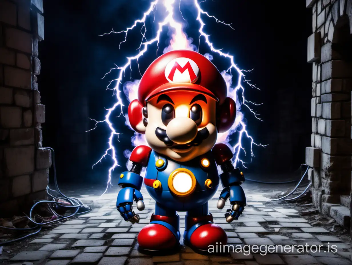 Robot-Mario-with-LED-Face-in-Burning-Castle-Courtyard