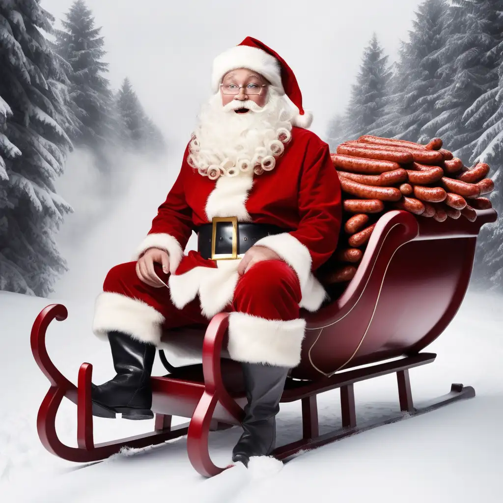 Santa Claus Delivering Joy with Sleigh Full of Smoked Sausages