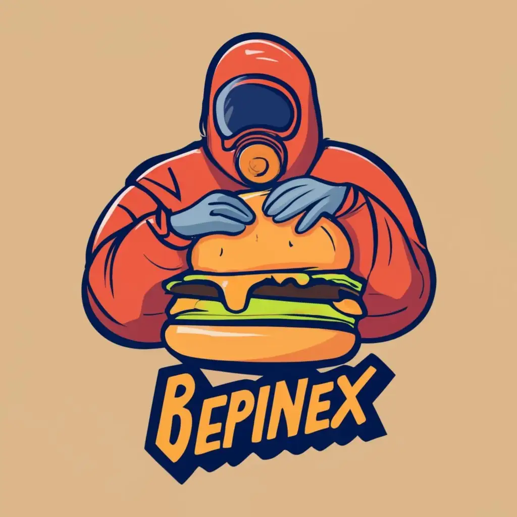 logo, fat guy in orange hazmat suit with burger, with the text "BepInEx", typography