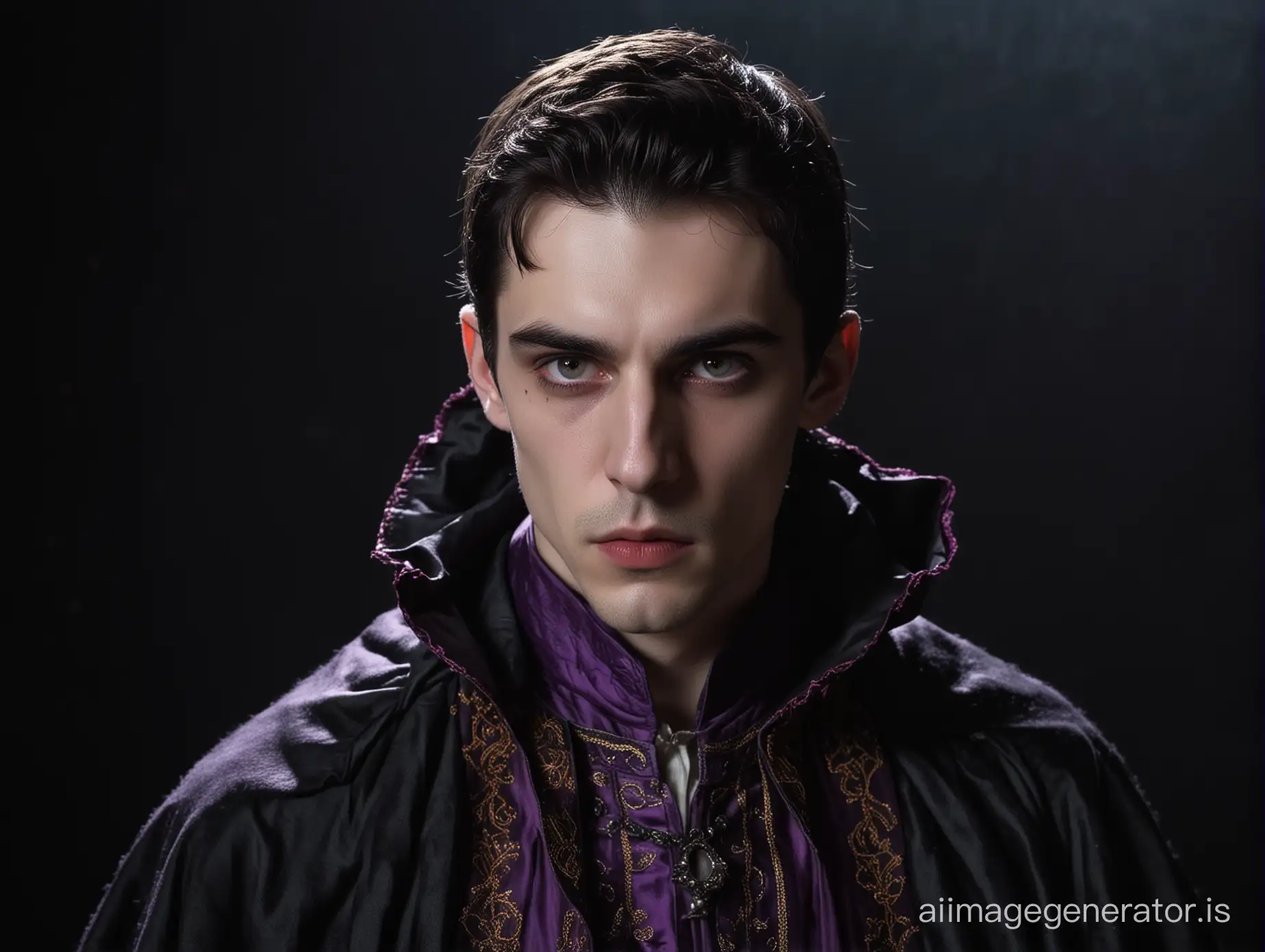 A young Dracula at eighteen. Facing forward, with a melancholic gaze. Blood stains his mouth. His eyes are also red. Wearing a large cloak-like attire with embroidery on the clothes. Under the cloak is a purple shirt. The background is pitch-black darkness. A bust shot.