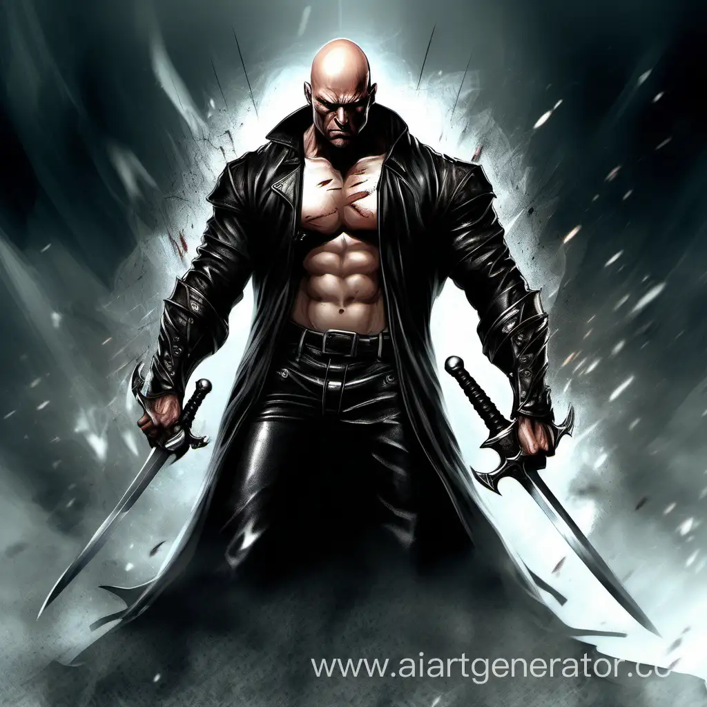 Fantasy bald man, muscular, wearing a leather cloak, art, angry face, scars, swords