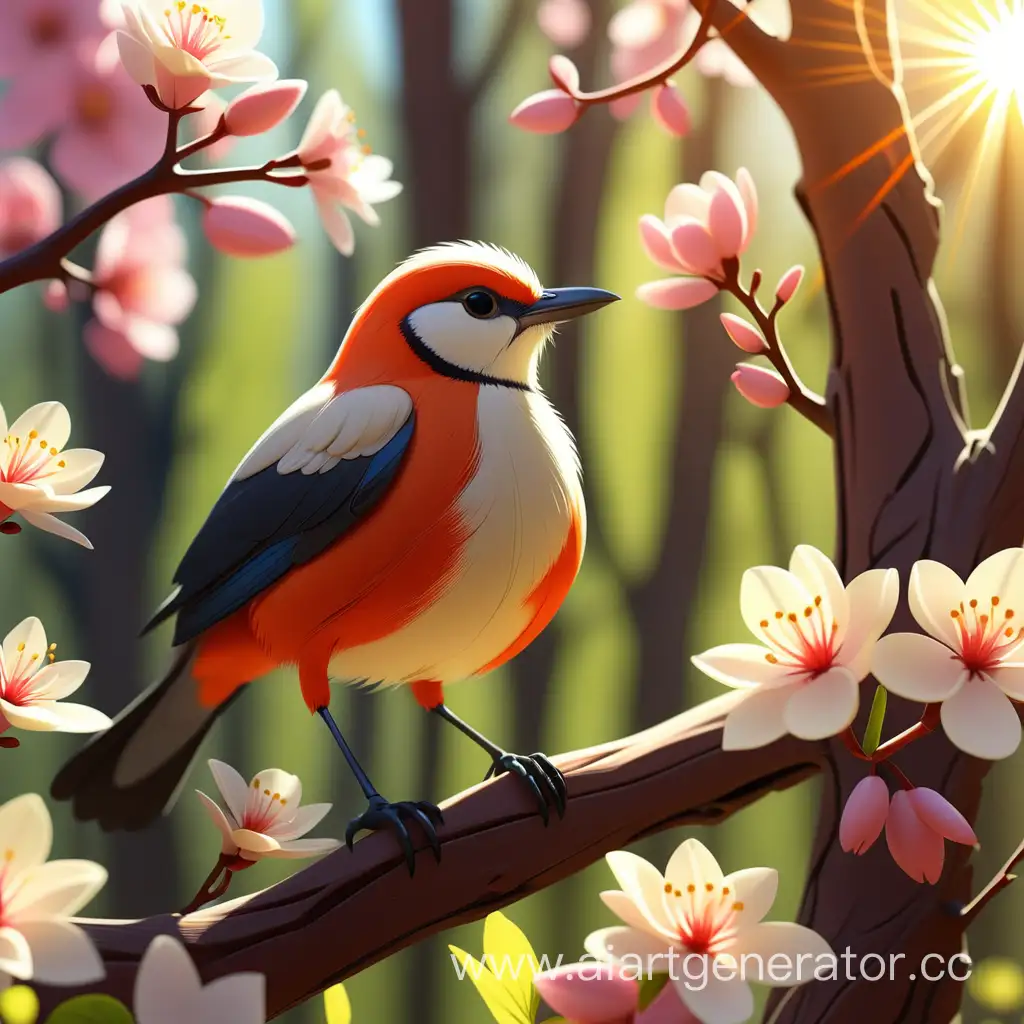 Весна, светит яркое солнце, лес, птица сидит на цветущем дереве