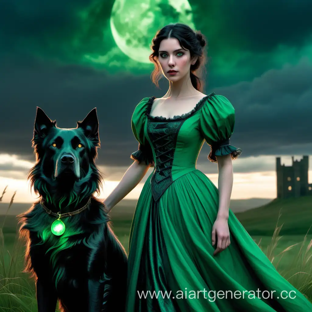 Вечер, молодая красивая женщина темноволосая и черноглазая в зелёном платье по моде 19 века стоит на девонширской пустоши, рядом с ней огромная чёрная собака шерсть которой испускает зеленоватое свечение, вокруг них свернулся в кольцо зелёный дракон с дружелюбной мордой, на заднем плане изумрудные огни
