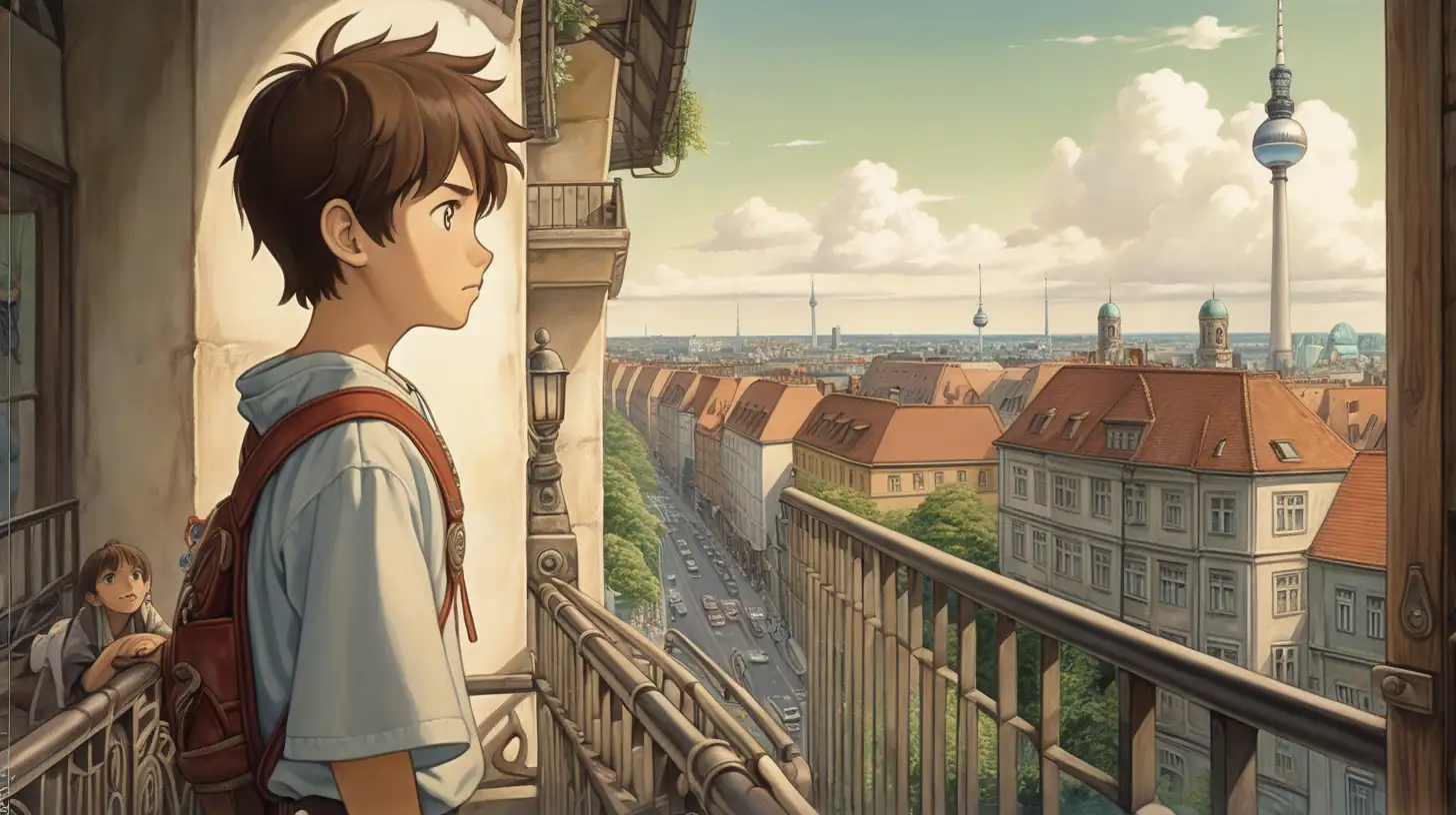 Tranquil BrownHaired Boy Overlooking Berlin Fantasy Illustration Inspired  by Ghibli and Princess Mononoke