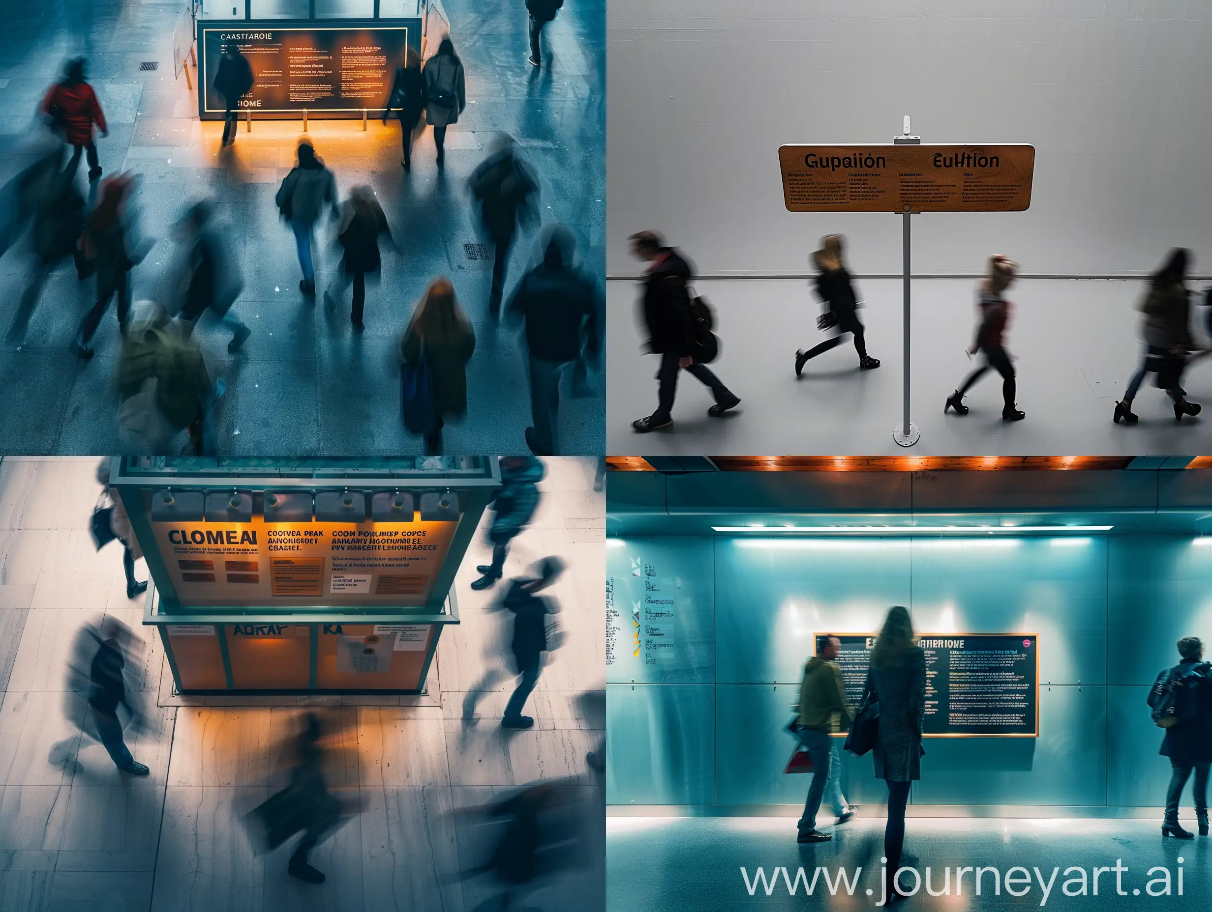 small guide board in a exhibition, people walking underneath the sign, long exposure, highly detailed, high quality