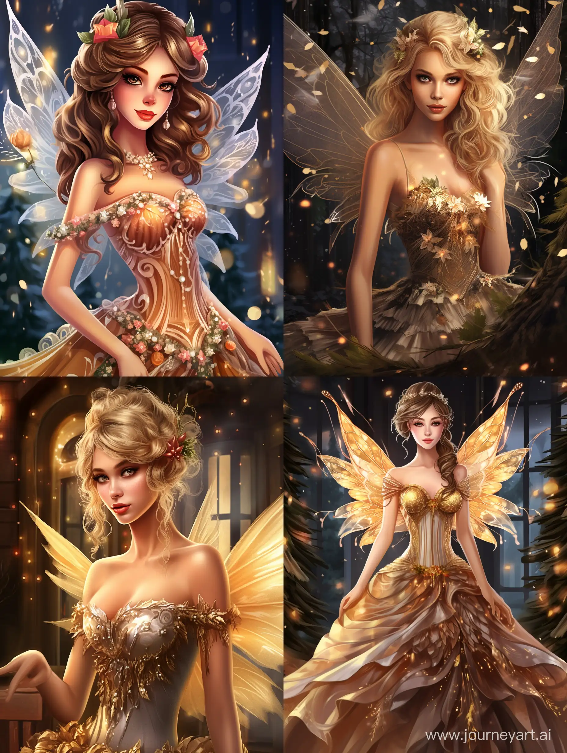 Christmas fairy with a cute and beautiful face, half smile, and a perfect body, wearing designer clothing in a Christmas-inspired fashion, The fairy should have a fantasy look and be surrounded by a celebration atmosphere with a Christmas tree adorned with ornaments, The scene should be illuminated by the warm glow of candlelight, The artwork should be an oil painting with high quality and attention to detail