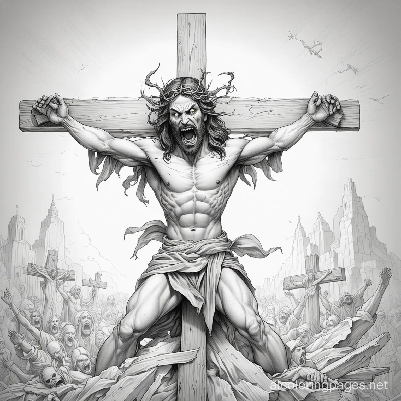 A demon ripping Jesus apart on cross, Coloring Page, black and white, line art, white background, Simplicity, Ample White Space. The background of the coloring page is plain white to make it easy for young children to color within the lines. The outlines of all the subjects are easy to distinguish, making it simple for kids to color without too much difficulty
