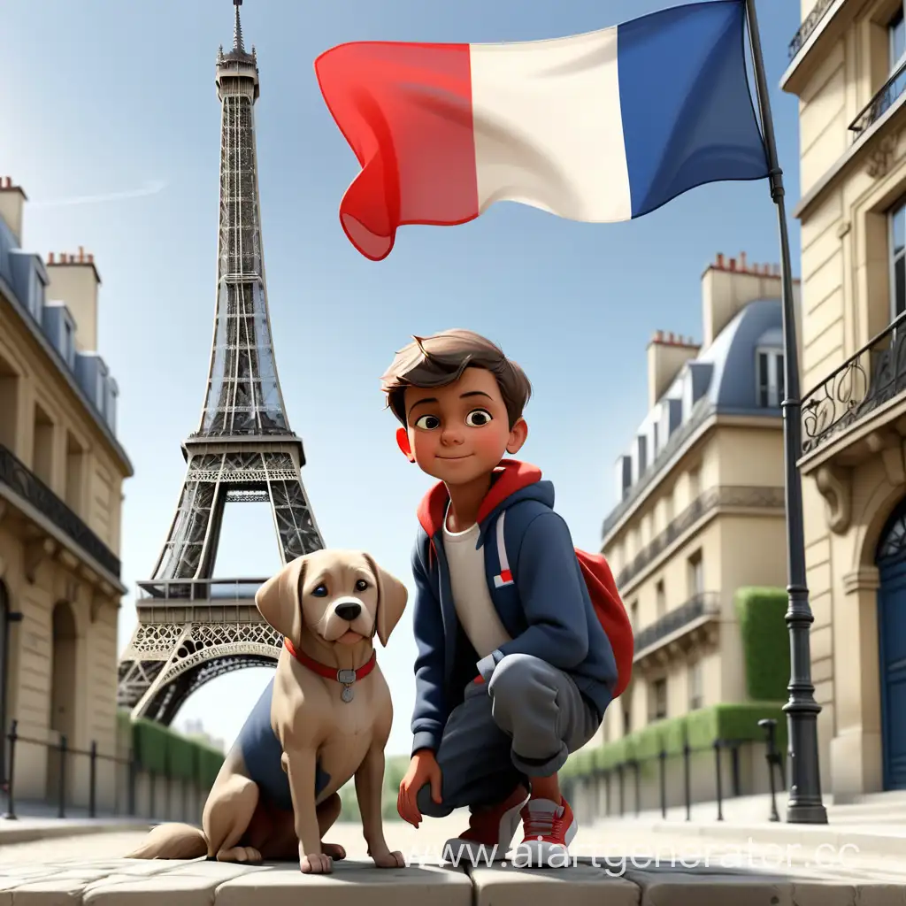 Parisian-Scene-with-French-Flag-and-Boy-and-Dog