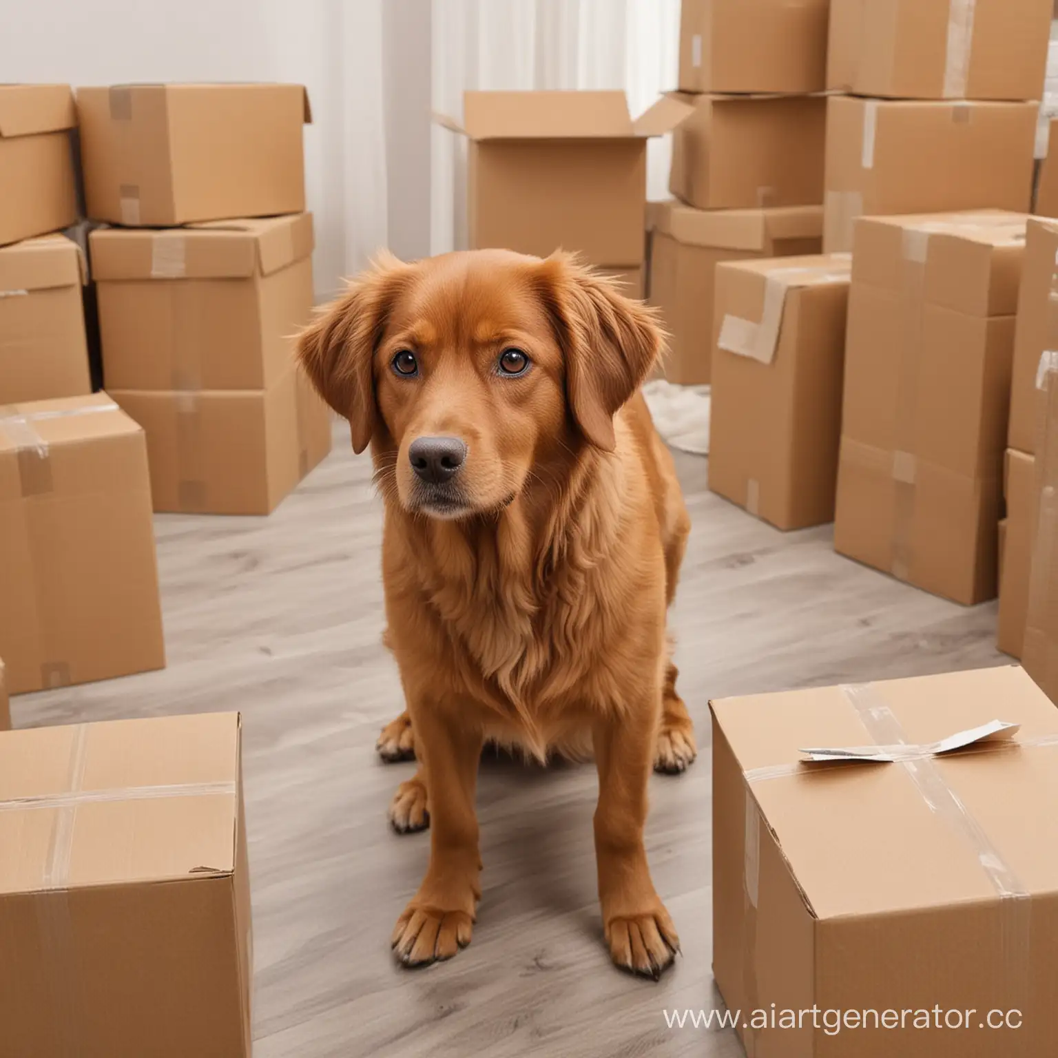 Собака переезжает, вокруг нее пакеты и коробки
