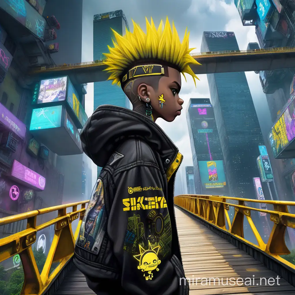  Black Boy With Yellow Punk Hair, Walking On A Bridge Of A Cyberpunk City