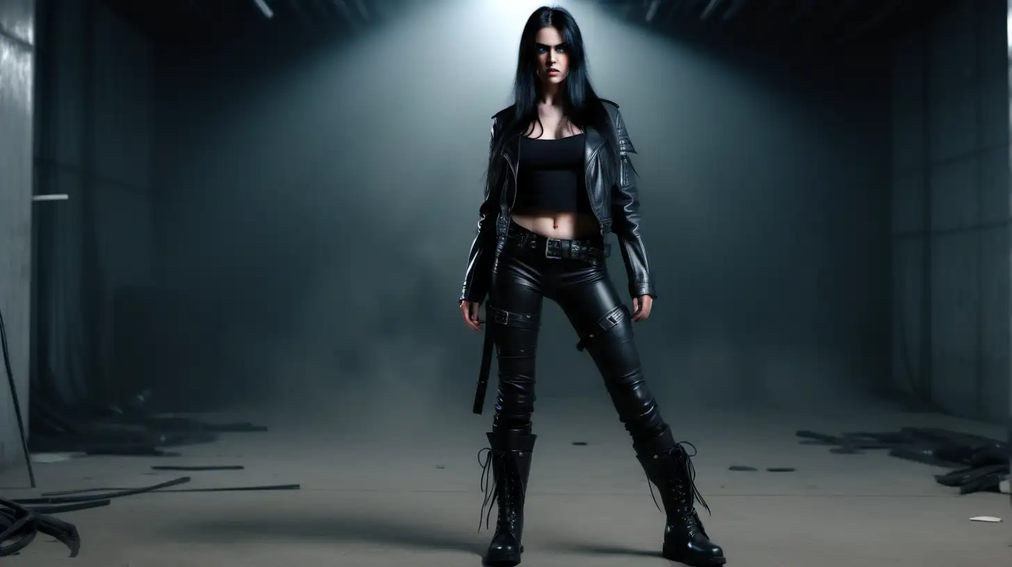 full body shot. angry attractive female with long black hair and blue eyes. Wearing black leather and combat boots detailed face, realistic, intimidating, 4k, ray tracing, dark, dystopia