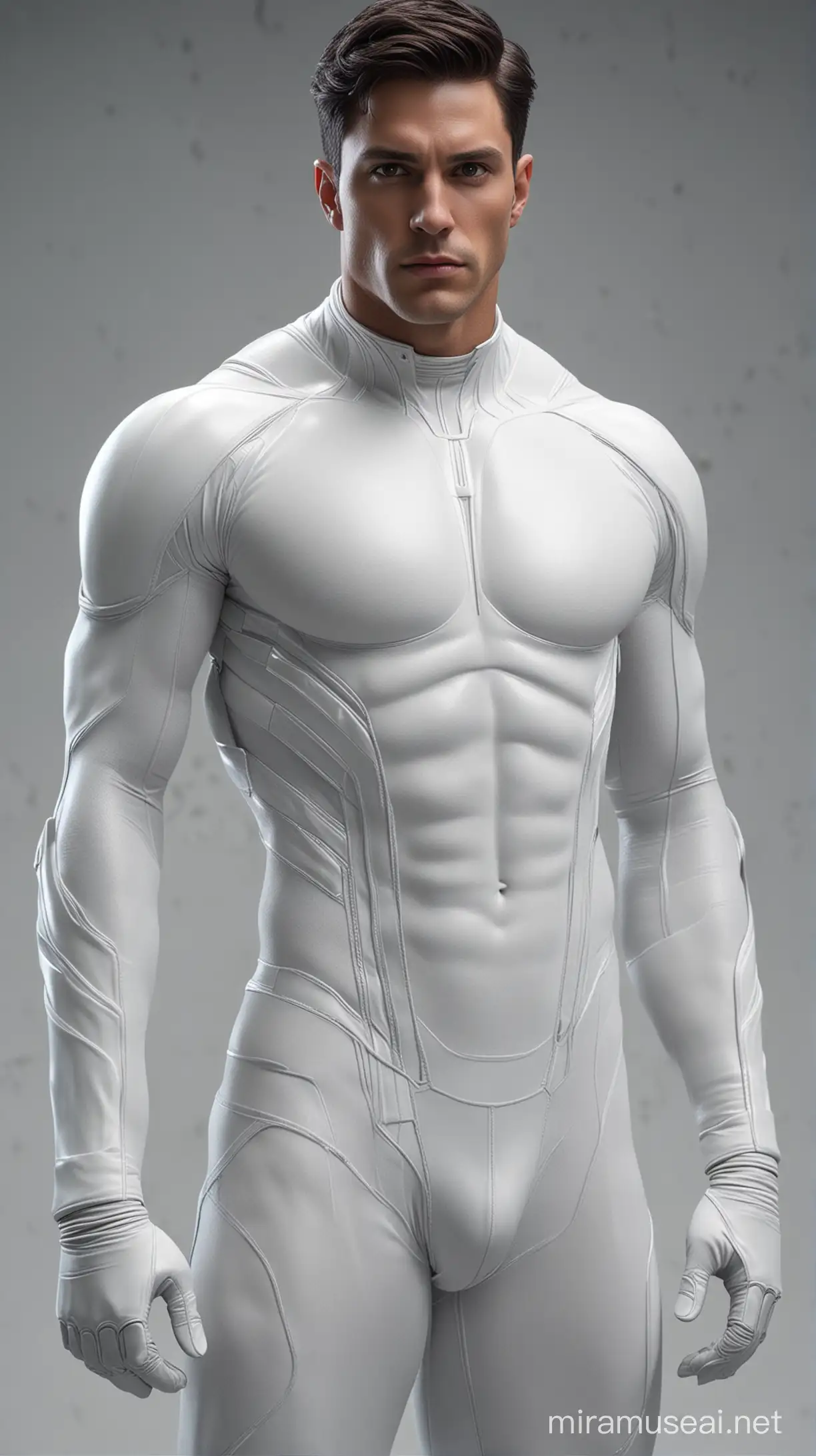 Full full body photorealistic An Alien handsome hunky masculine man from Krypton. Dark hair , Super Athletic body. translucent eyes and prominent cheekbones. Wearing a form-fitting white biomorphic bodysuit and gloves and white belt. Futuristic Kryptonian background. intricate details, beautifully shot, hyperrealistic, sharp focus, 64 megapixels, perfect composition, high contrast, cinematic, atmospherics cinematic 