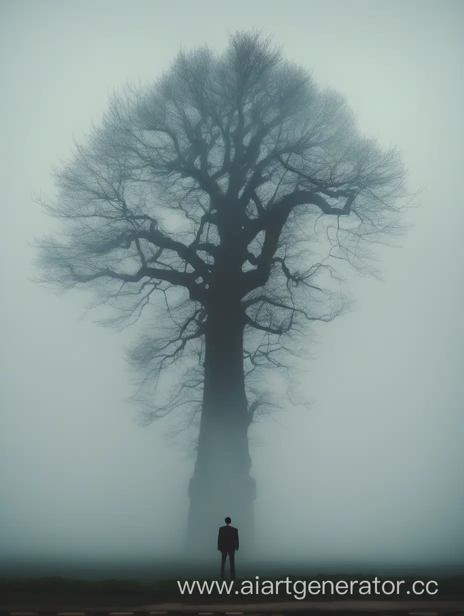 Urban-Man-with-Towering-Tree-Growth-in-Foggy-Cityscape