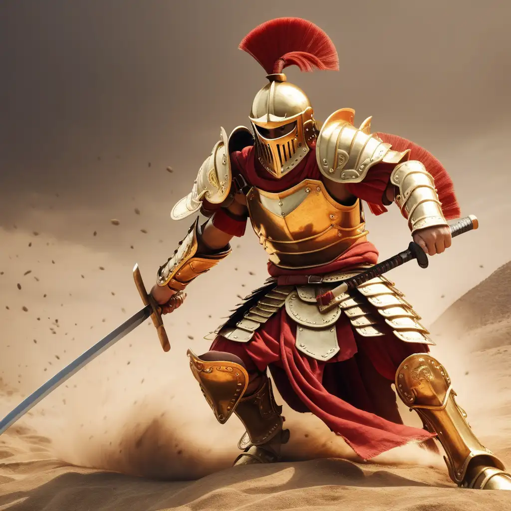 Gold and red armor gladiator calvary charging with katana sword