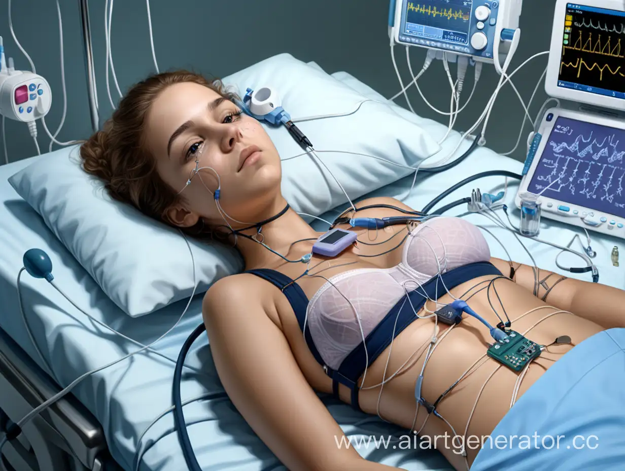 Young Adult woman lying in a medical bed. She is wearing a bra. EKG electrodes are connected to her chest to monitor her heart. She is connected to many medical devices with wires and tubes, including an EKG and a urinary catheter. The catheter is important, it is inserted into her genitals and drains clear fluids from her bladder into a drainage bag.  She is slightly overweight.