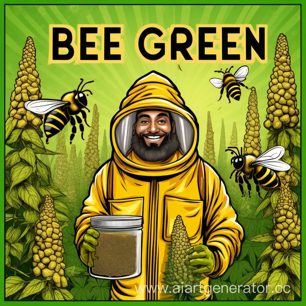 Ты пчела, я пчеловод, а мы любим мед в мире наркотиков, с гашишем, марихуаной
На фоне стоит пчеловод и держит в руках шишки конопли
Внизу стоит табличка и на ней написано BEE GREEN.
