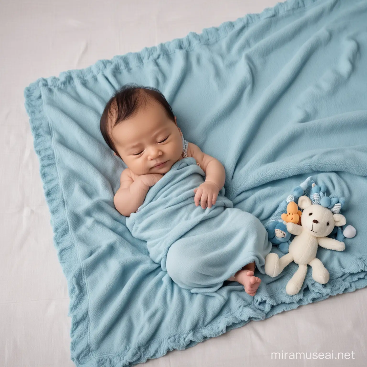 side angle view of beautiful and soft blue color blanket with bed for indian newborn. with cute toys
