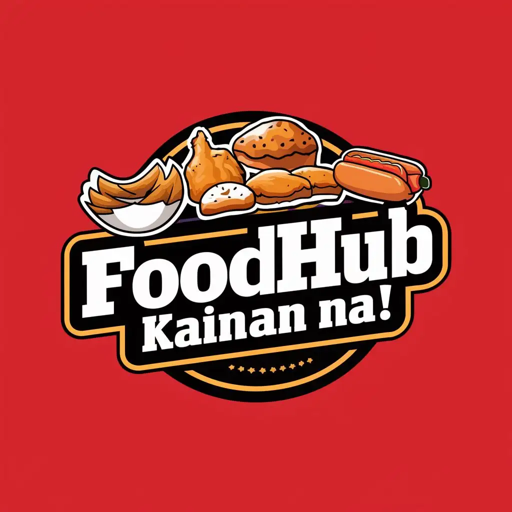 logo, Siomai, fried chicken, Pastries, hotdogs, with the text "FoodHub Kainan na!", typography, be used in Restaurant industry