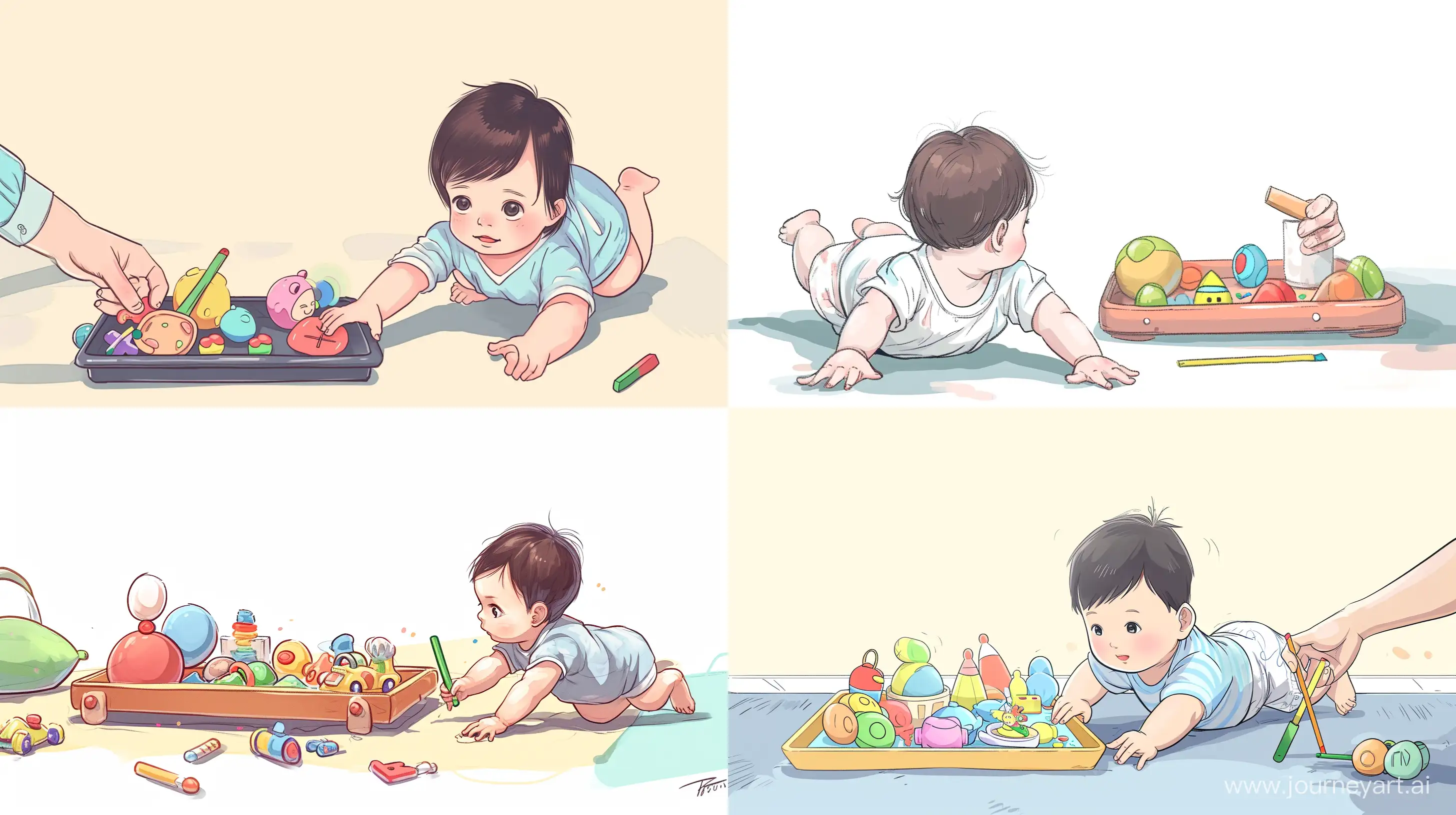 anime style, chibi style, cute, a baby crawling in front of a tray of toys, there is a little toys on the tray, hand hold a chalk, simple background, best quality  --q 2 --v 6 --ar 16:9