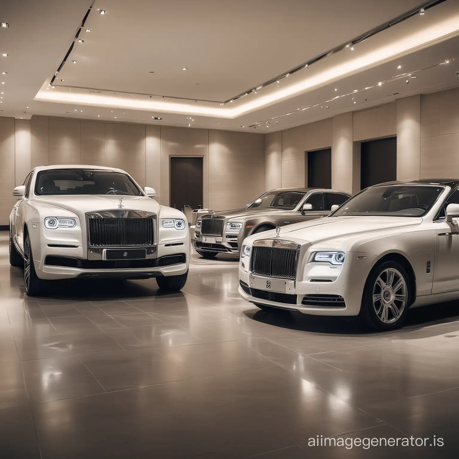 elegant lineup of luxury vehicles: Rolls-Royce, Mercedes-Benz, BMW in a brightly lit luxury room