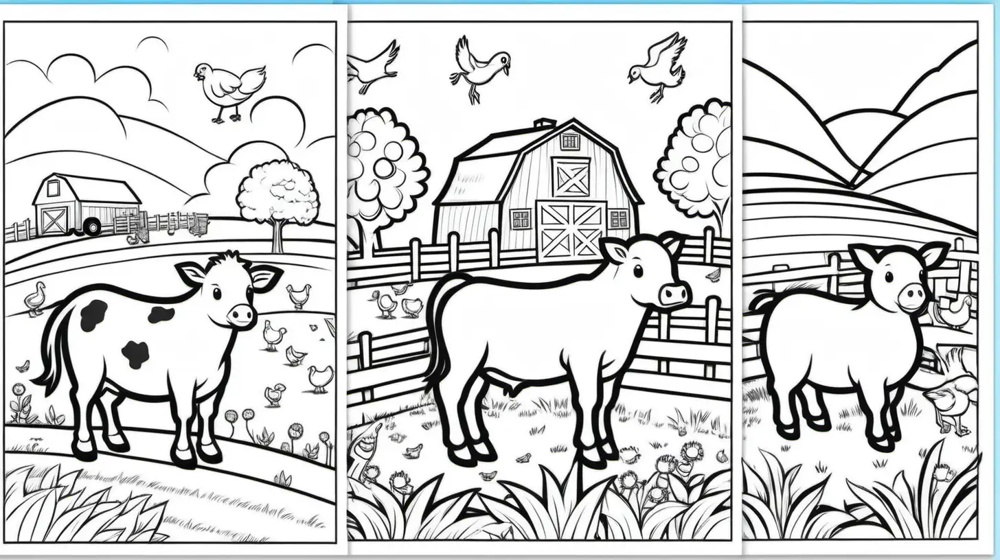 Create a series of adorable coloring pages perfect for toddlers aged 1-4! Each page should feature a single farm animal for children to color. Think cute and friendly animals with thick outlines to make coloring easy and enjoyable. The pages should be high-resolution at 3712 x 4928 pixels, ensuring crisp detail and suitable for printing in 8k UHD quality. Include popular farm animals like cows, pigs, chickens, sheep, horses, and ducks to spark excitement and learning about farm life. Let your creativity shine while keeping the designs simple and engaging for young children.