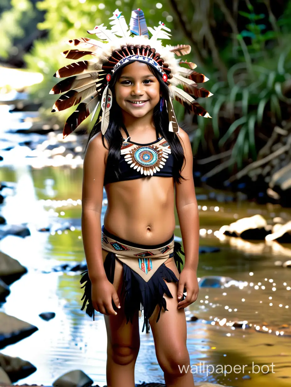 12 year old native American girl black hair brown eyes in a headdress wearing a tabk top that says " Brian's Lil toy " and wearing a black bikini standing by  a creek smiling 