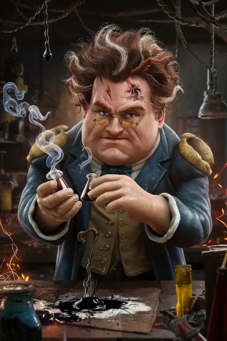 19th century German mad elderly male scientist holding a vial of electrical smoke in his laboratory: ink flow: oil drips: sparks! electricity! stern look: clean shaven: stands just about five feet: chubby: His massive shoulders and unruly brown hair with white and scroched streaks. Acid visible scars across his face and hands: He wears little spectacles on his nose and is slightly crossed-eyed.