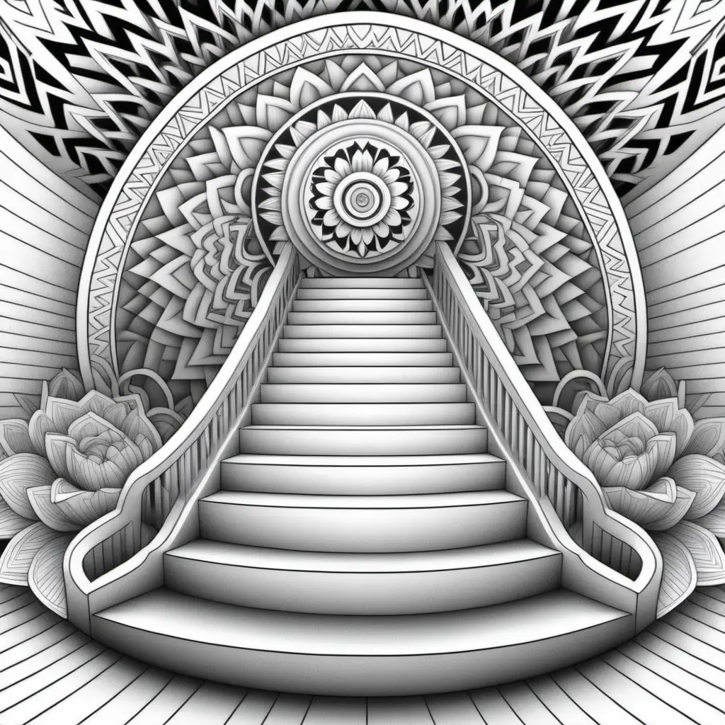 Adult coloring book, 3d stairs background, Black and white, no shading, no color, thick black outline, Symmetrical mandala made of geometric shapes.