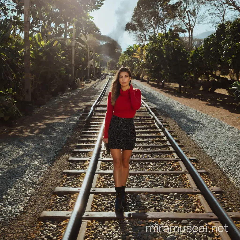 Woman posing on train tracks 