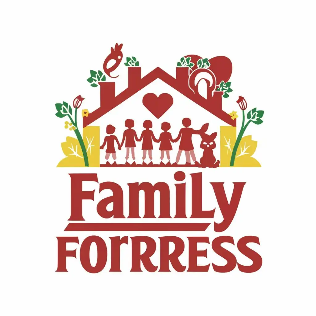logo, Two children, parents, flowers, house, heart, red, black kitten, gray bunny, with the text "Family fortress", typography, be used in Home Family industry