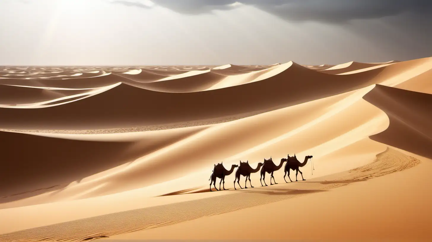 Craft a desert scene with rolling sand dunes, intricate patterns formed by wind, and a mesmerizing play of light and shadow. Feature a solitary oasis or a camel caravan for added interest.