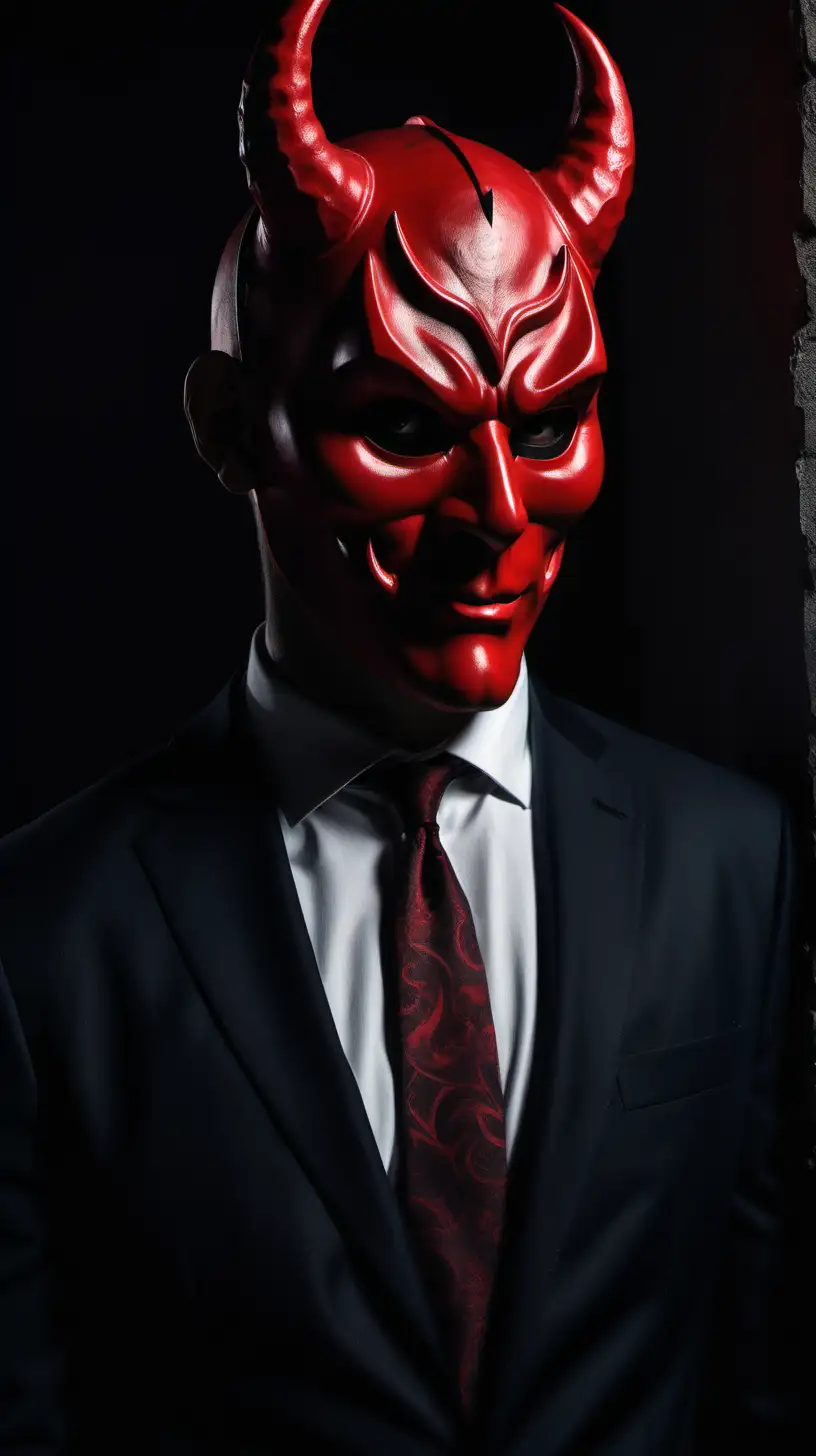 Mysterious Man in Red Devil Mask Intense Stare and Gothic Ambiance