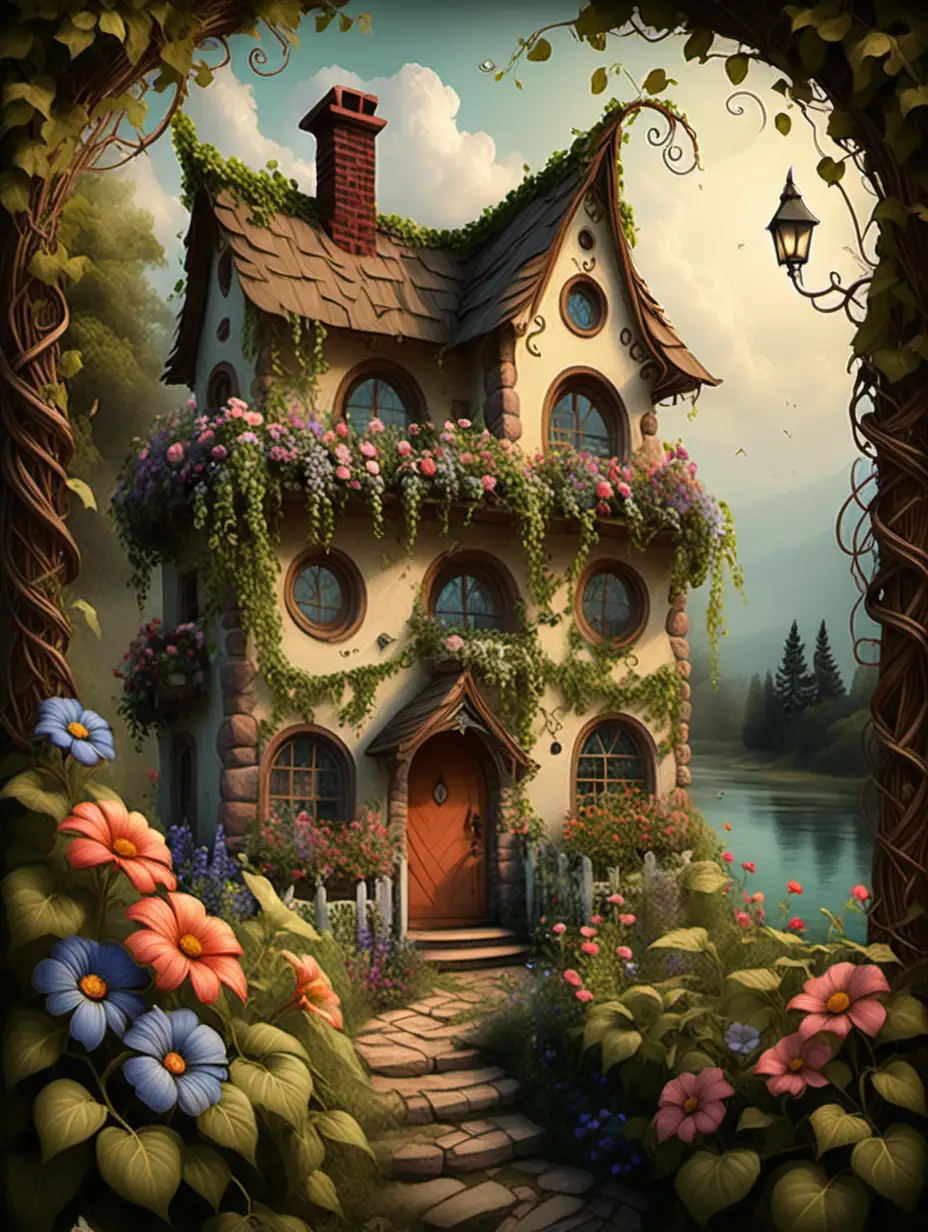 Whimsical Storybook Cottage with Floral Vines Fine Art AI Image