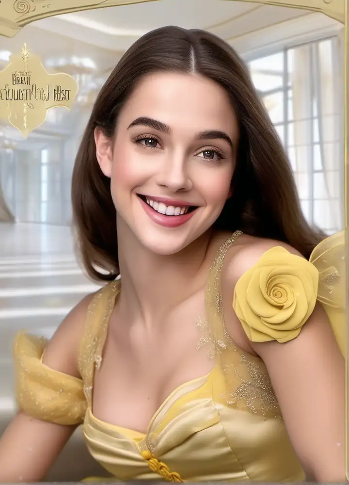 , angelic smile,  in very brightly ballroom, yellow Belle dress from the film Beauty and the Beast  and yellow pumps