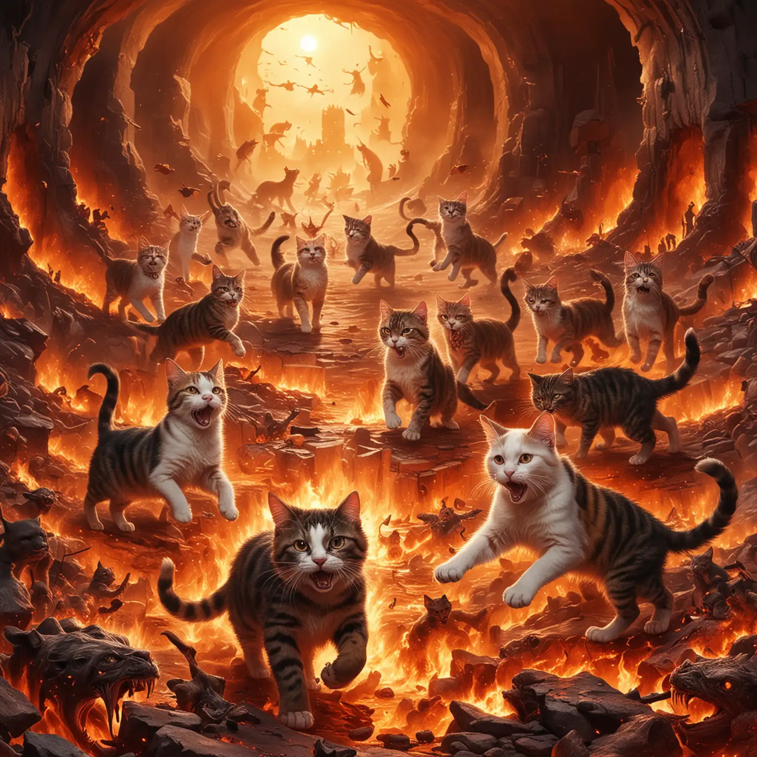 Playful Cats in Hellish Setting