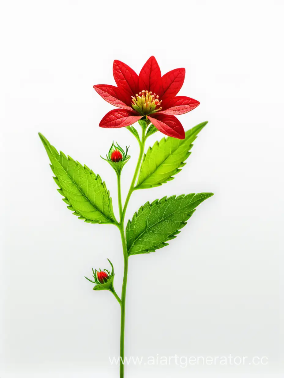Vibrant-Red-Wild-Flower-with-Fresh-Green-Leaves-on-White-Background