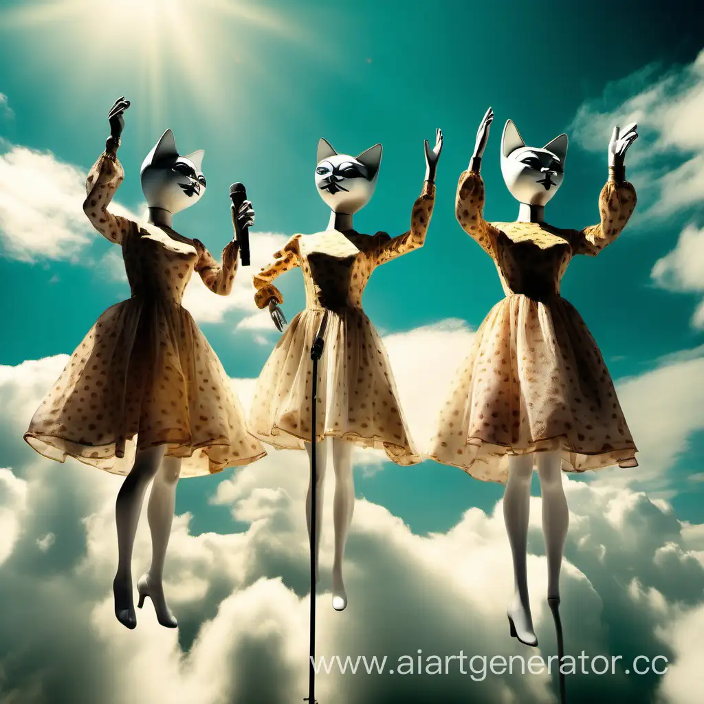 манекены в платьях летают в облаках в кошачьих костюмах и поют песни в микрофоны в стиле Сальвадора Дали в лучах солнца