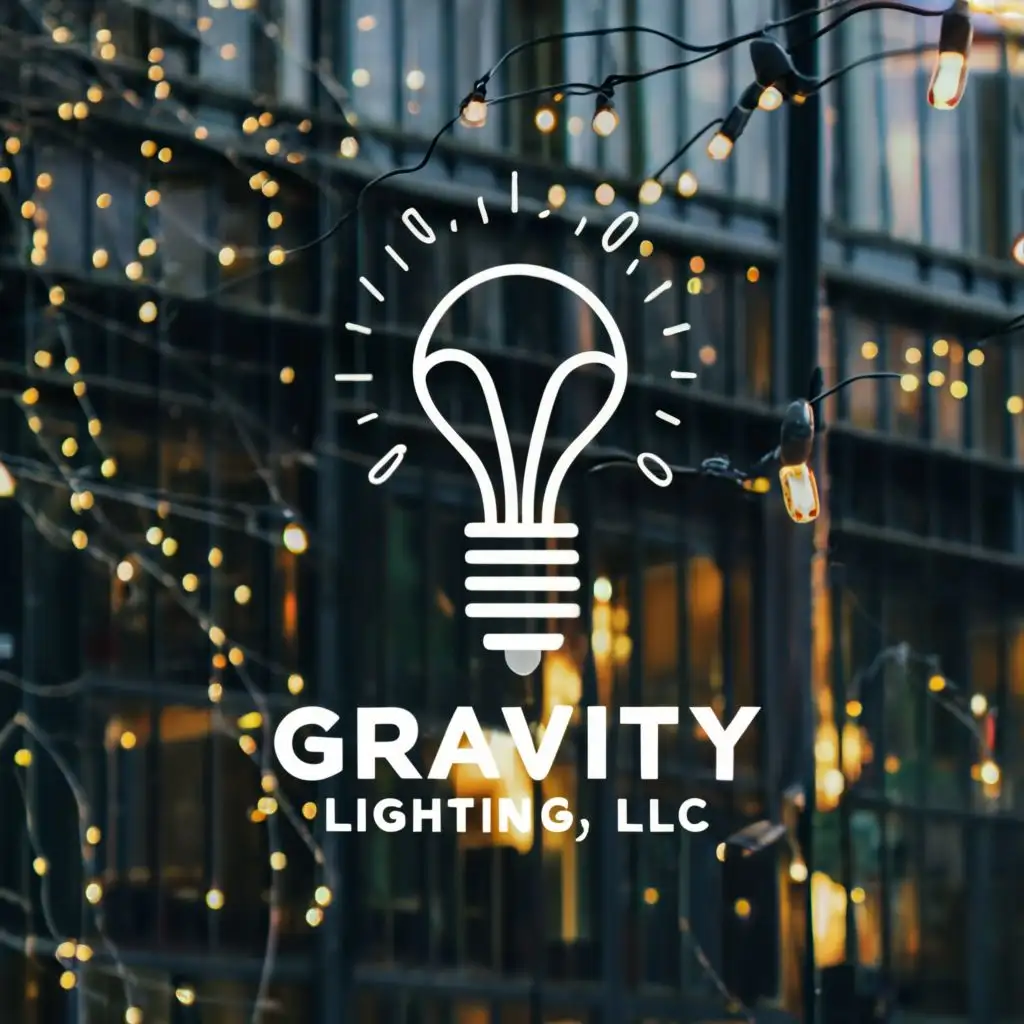 logo, LIGHTBULB, LIGHTS, HOLIDAY, COMMERCIAL BUILDING, with the text "GRAVITY LIGHTING, LLC" typography