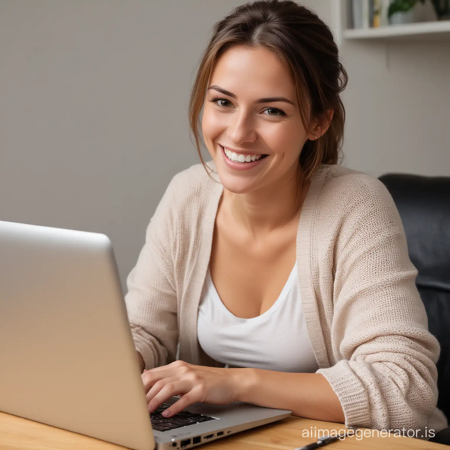 A young Mother working on her lap top computer  showing a smile and being very happy