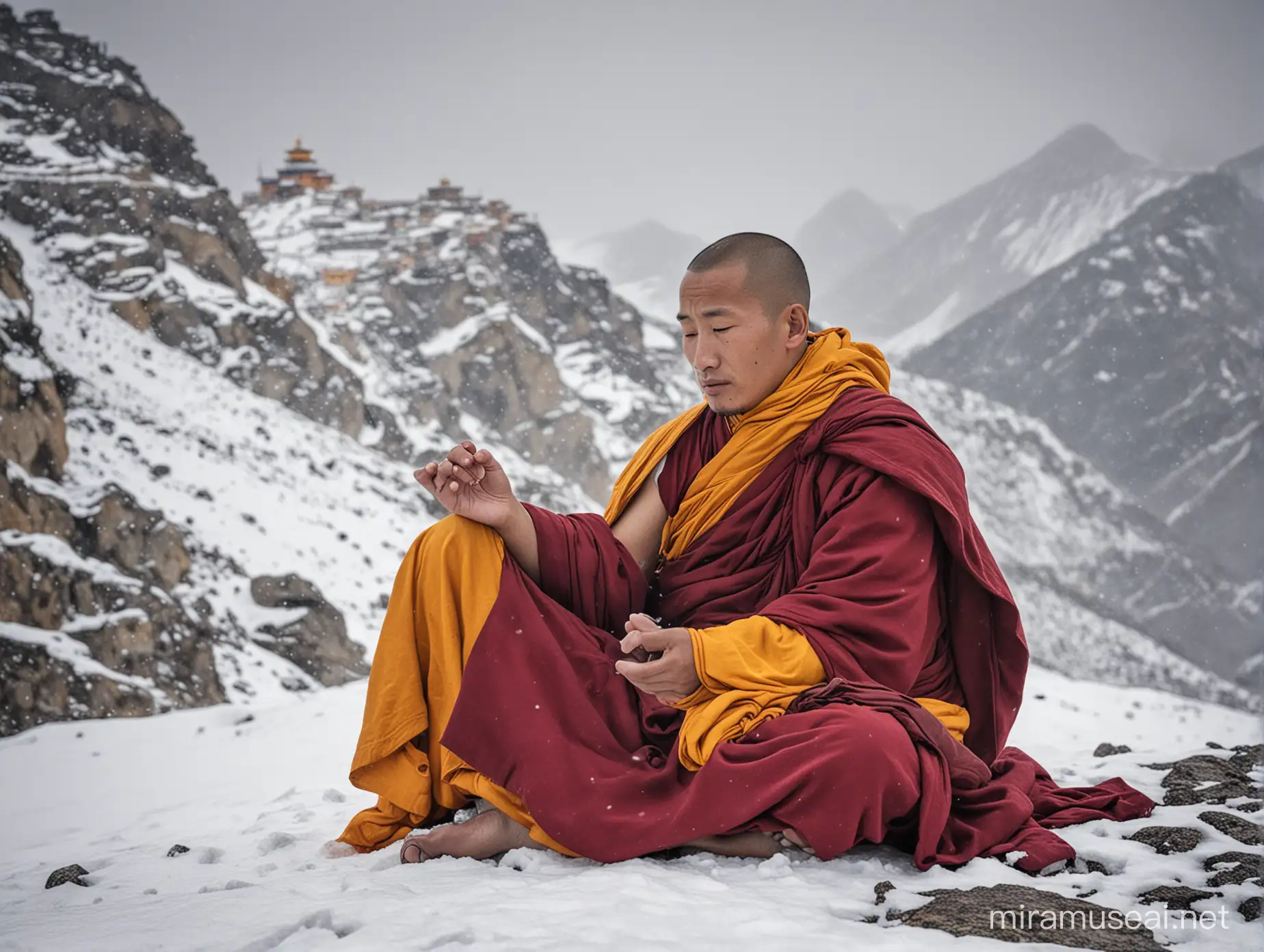 Tibetan Monk Meditating on SnowCapped Mountain Summit