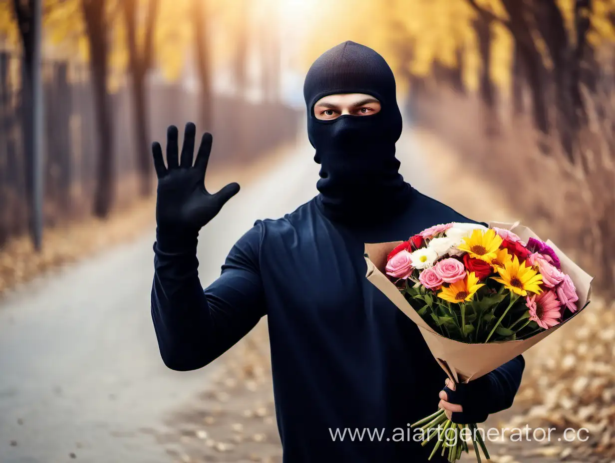 на голове балаклава, преступник поднимает руки, букет цветов в левой руке, красивый фон