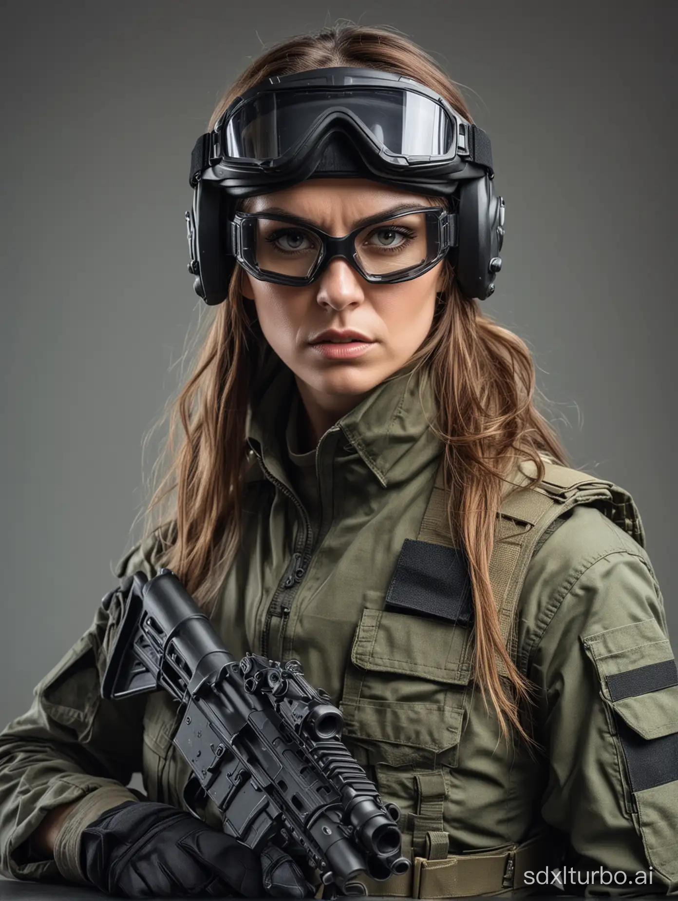 una mujer, hermosa, con cara de mal humor, con ropa militar táctica, con casco y antiparras tácticas, sosteniendo una pistola