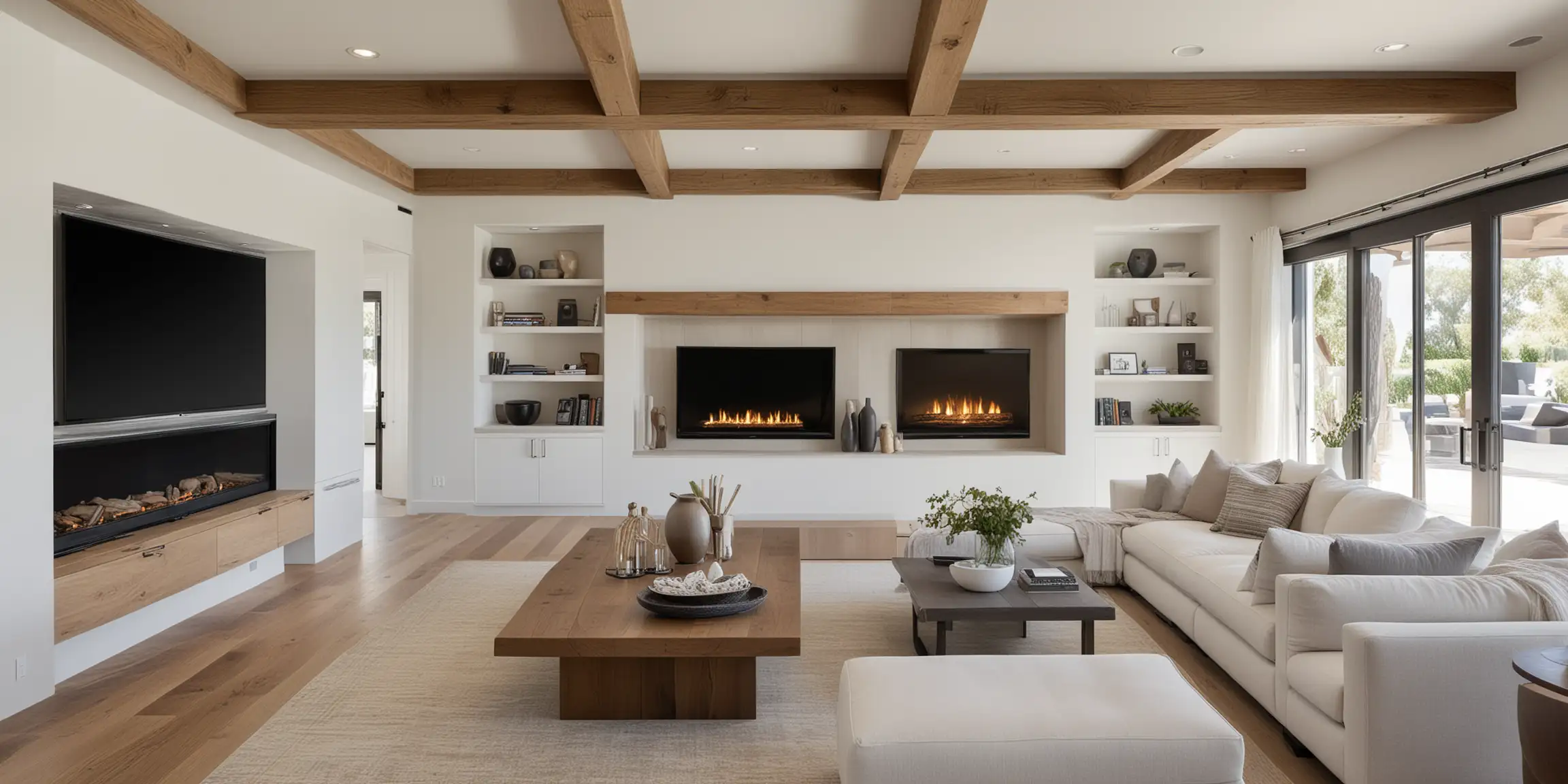 California contemporary living room, wood beams ceiling, white walls, wood built in cabinets, tv, white oak floor, floor to ceiling fireplace