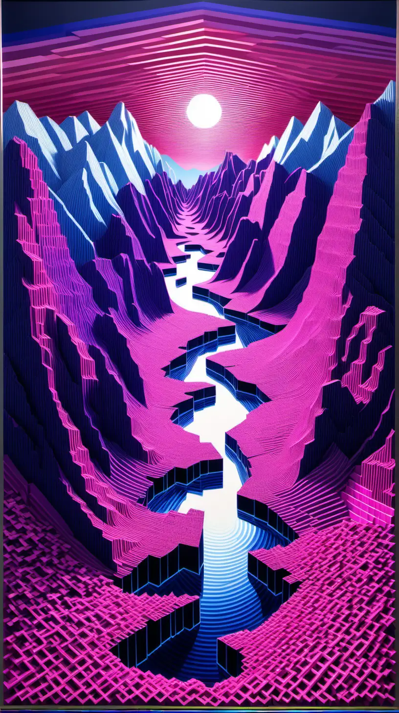'the ivory island', lithograph, acrylic on paper, 60 6 x 40 7 x 9 in cm, in the style of light navy and magenta, voxel art, mountainous vistas, mirrored, intricate weaving, crystalcore, precisionist lines 